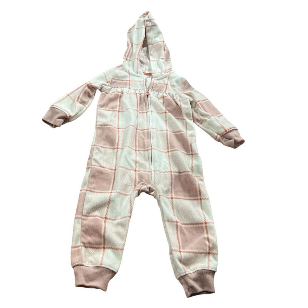 Carter's Pink Plaid Girl‎ Hooded Fleece Zip Jumpsuit Size 12 Months Heart Cozy